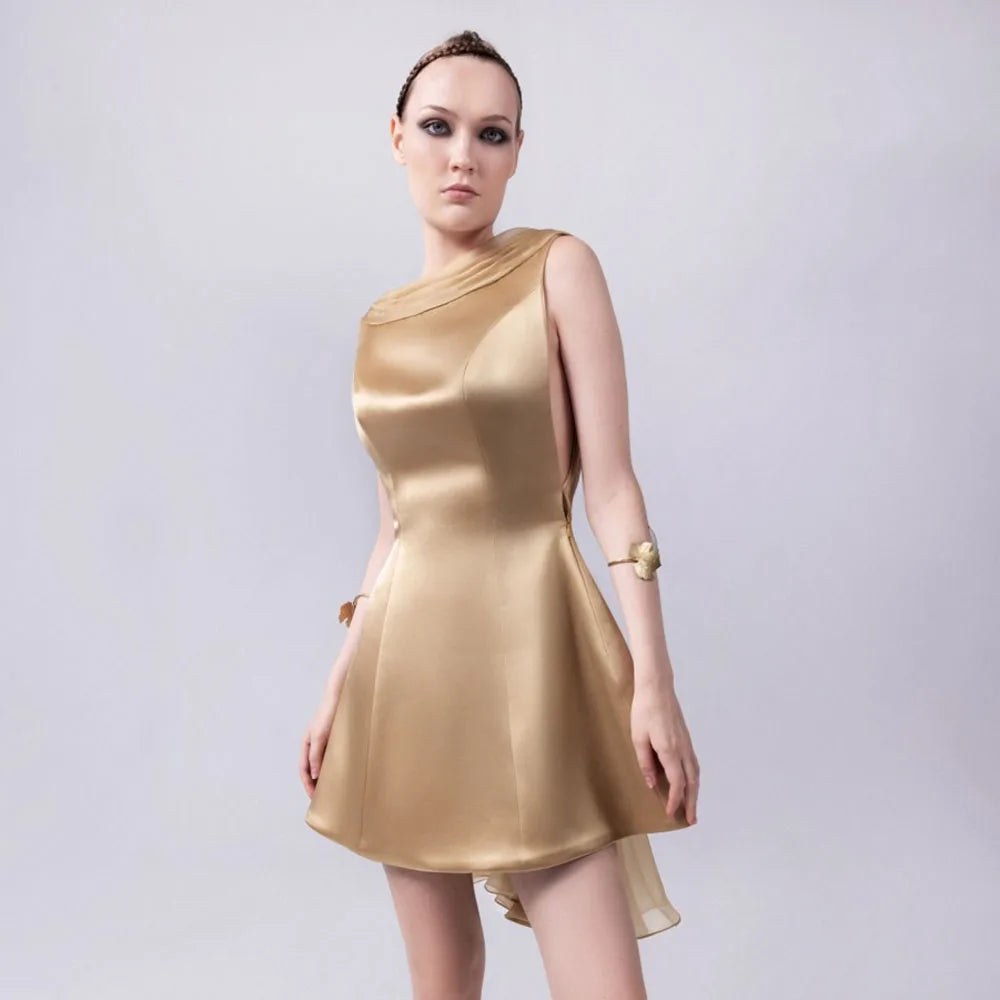 Golden Satin Asymmetric Neckline A-Line Knee-Length Formal Dress for Women's Elegant Party Evening Gown Fashion Ever Pretty