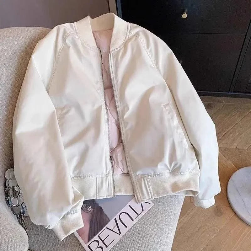 Bomber Jacket for Women Winter Zip-up White Plain Loose Baseball Aviator Coat