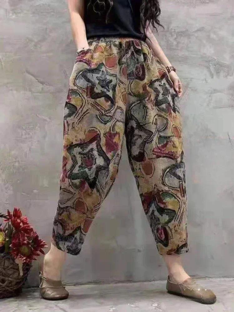 Fashion printed cotton linen harem pants for women 2025 summer casual high waist calf-length loose trousers female