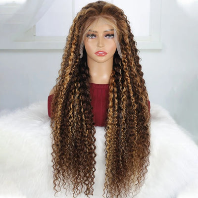 Highlight Curly Human Hair Wigs 13X6 Lace Frontal Wig Human Hair Brazilian Hair Pre Plucked Wig 200 Density For Women