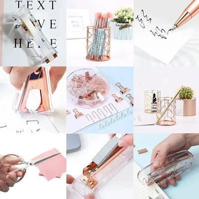 Complete Office Supplies Set -Acrylic Stapler Tape Holder Pen Holder Ballpoint Pens Scissors Binder Paper Clip Staples