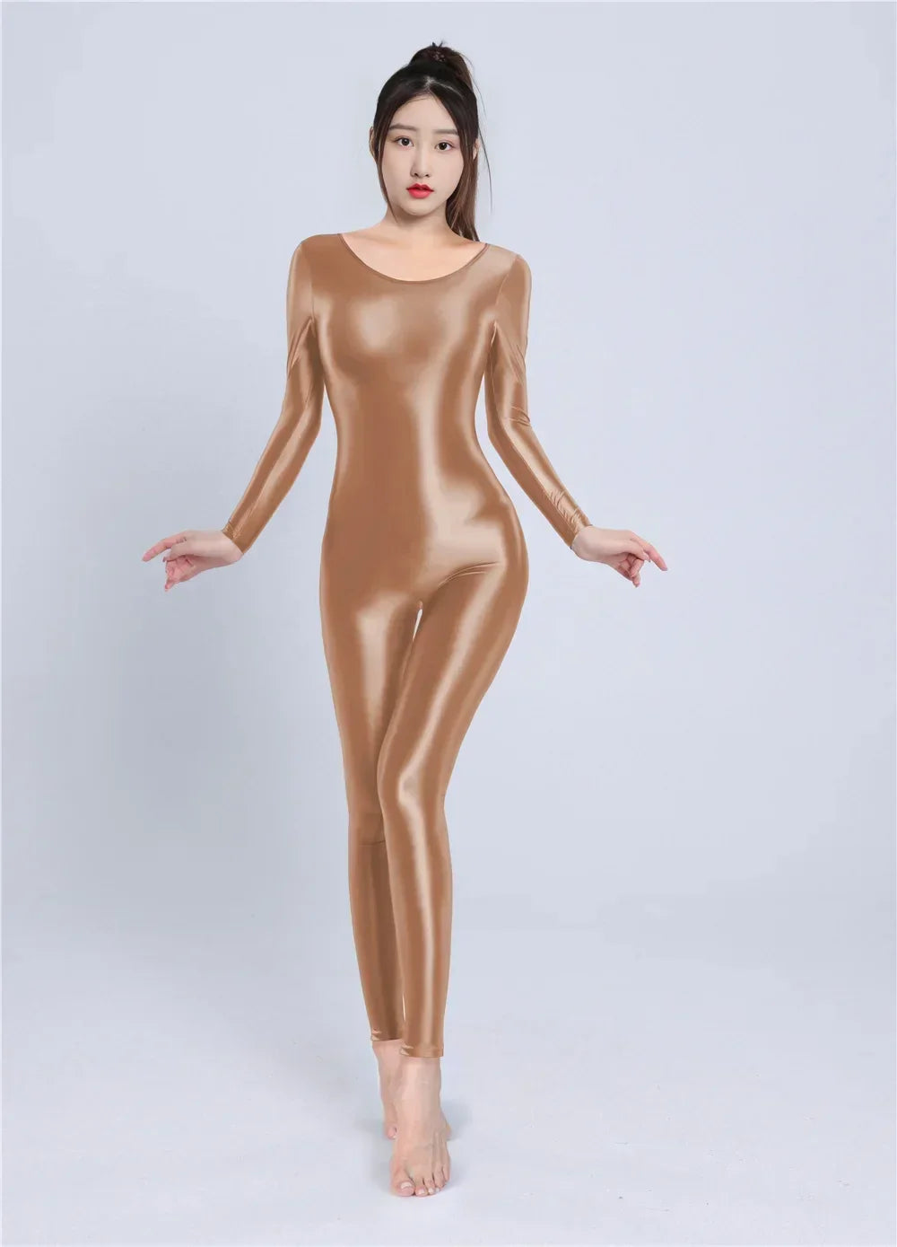 Women's Sexy Yoga Shaper Jumpsuit Dance SM Wear Oil Glossy High Elastic Long Sleeves Bodysuit Sheer Slip Satin Slimming Tights
