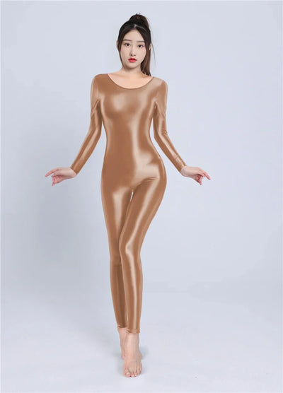 Women's Sexy Yoga Shaper Jumpsuit Dance SM Wear Oil Glossy High Elastic Long Sleeves Bodysuit Sheer Slip Satin Slimming Tights