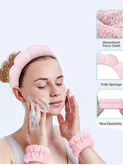 3 Piece Luxury Fiber Spa Headband and Wristband Set - Soft and Comfortable - Face Wash, Makeup Women's Hair Accessories Set