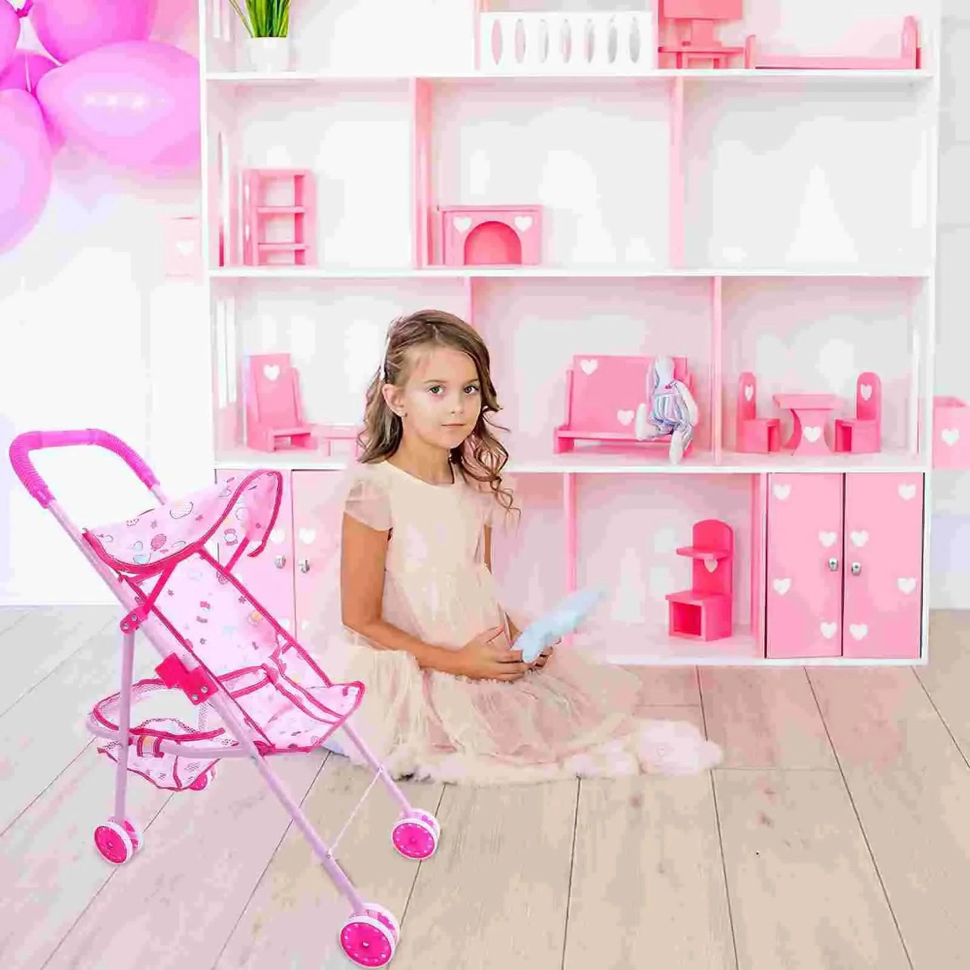 1Pc Stroller Toys Kids Play Stroller Foldable Doll Stroller With Basket Baby Doll Stroller Play Game Accessories Small Stroller