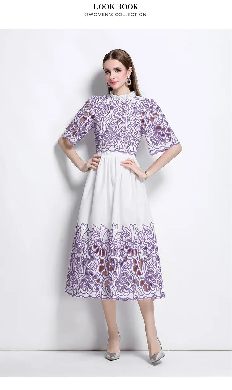 Summer Short Sleeve A-LINE Set Skirt for Women Fashion Ruffled Collar Embroidery Set Skirt Women Vestidos De Verano Mujer Q344