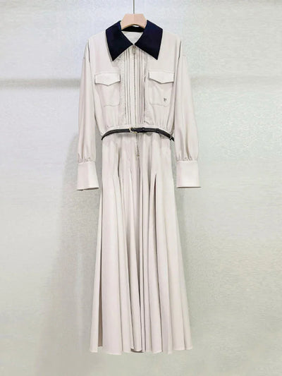 VGH Designer Slimming Hit Color Spliced Belt Long Dresses For Women Lapel Long Sleeve High Waist Temperament Dress Female New