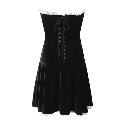 YENKYE Black Strapless Christmas Dress Sexy A Line Vintage Velvet Party Mini Dresses Elegant Women Dresses