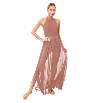 Women Lyrical Contemporary Ballroom Modern Dance Costume Dancing Prom Gown Side Split Maxi Dress for Ballet Gymnastics Skating