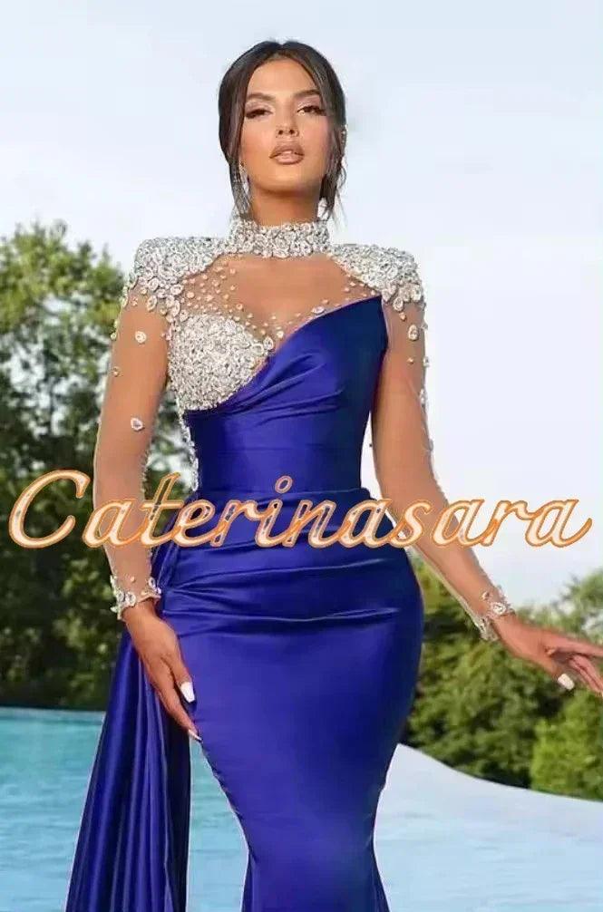 Luxury high neck evening dresses for women mermaid 2024 sheer long sleeves wedding party prom gowns vestidos de noche