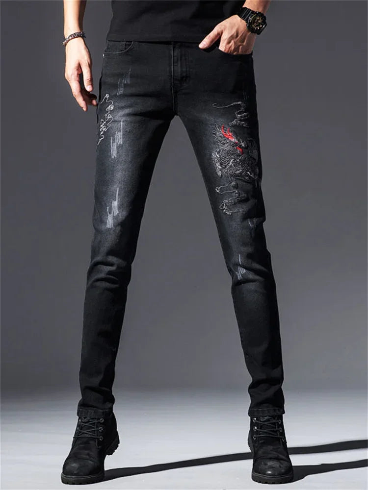Men's Chinese Dragon Embroidery Jeans Fashion Kylin Embroidered Slim Pencil Pants Stretch Denim Trousers jeans for men pants