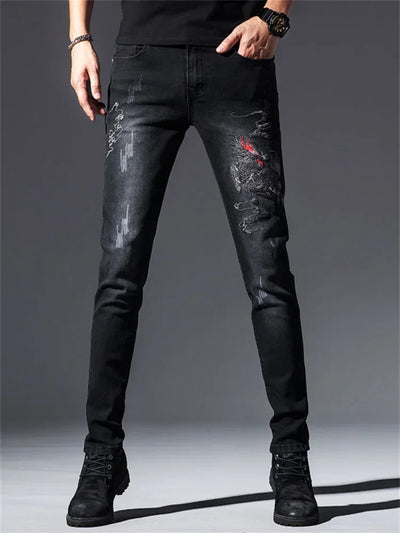 Men's Chinese Dragon Embroidery Jeans Fashion Kylin Embroidered Slim Pencil Pants Stretch Denim Trousers jeans for men pants