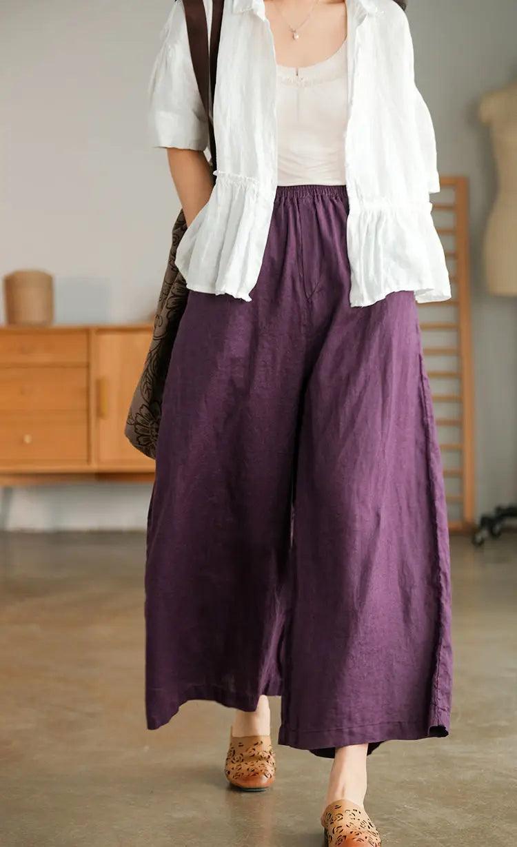 2024 cotton linen home wear loose pants for women summer casual baggy wide leg trousers purple soft capri women’s