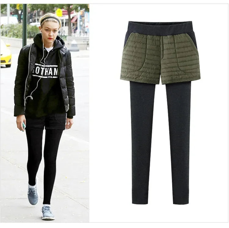 Winterfleece-lined Women's Tights Two-piece Illusionshorts Autumn/winter Thickened Cotton Wadded Trousers Warm Leggings