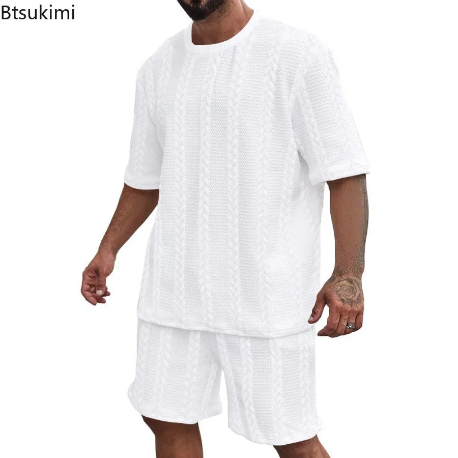 2025 Summer Casual Shorts Sets Knitted Jacquard Two Pieces Men's Tracksuit Solid O-neck Short Sleeve T-shirts+Shorts Streetwear