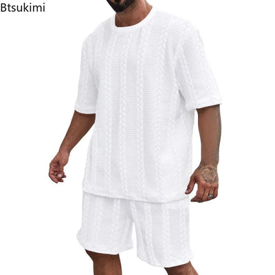 2025 Summer Casual Shorts Sets Knitted Jacquard Two Pieces Men's Tracksuit Solid O-neck Short Sleeve T-shirts+Shorts Streetwear