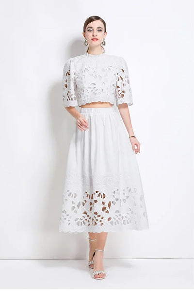 Summer Short Sleeve A-LINE Set Skirt for Women Fashion Ruffled Collar Embroidery Set Skirt Women Vestidos De Verano Mujer Q344