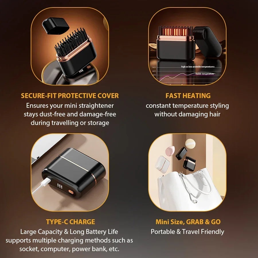 Portable Hair Straightener Brush Rechargeable Mini Smoothing Brush for Styling for Home Travel Gift Heated Electric Hair Brushes