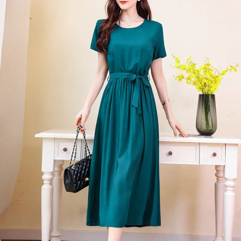 New Fashion Summer Dresses For Women 2025 Elegant Casual Short Sleeve Midi Dress Soild Colour Women Clothing