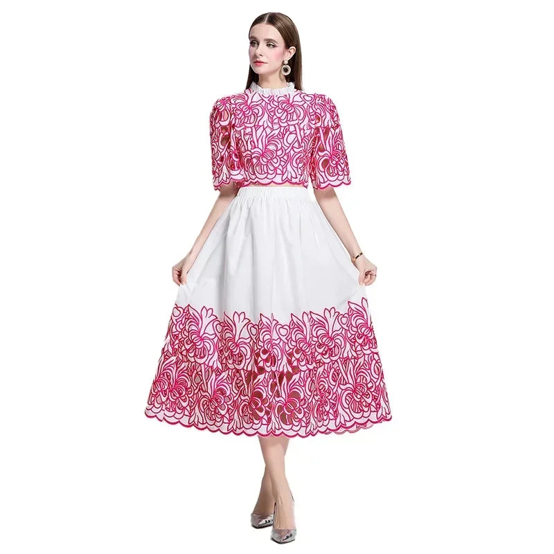 Summer Short Sleeve A-LINE Set Skirt for Women Fashion Ruffled Collar Embroidery Set Skirt Women Vestidos De Verano Mujer Q344
