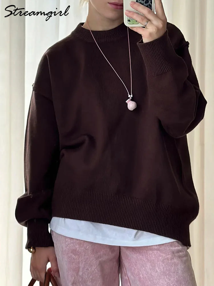 Oversized Fall Yellow Sweaters For Women 2025 Brown Crewneck Sweater Top Ladies Office Warm Knitted Woman Pullovers Winter Grey