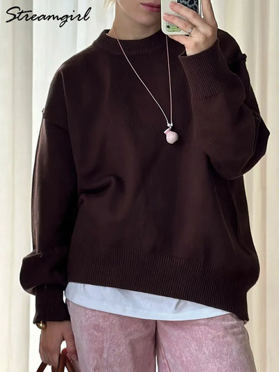 Oversized Fall Yellow Sweaters For Women 2025 Brown Crewneck Sweater Top Ladies Office Warm Knitted Woman Pullovers Winter Grey