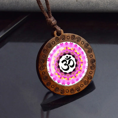 Hinduism Om Symbol Wood Glass Pendant Necklace Yoga Meditation Jewelry