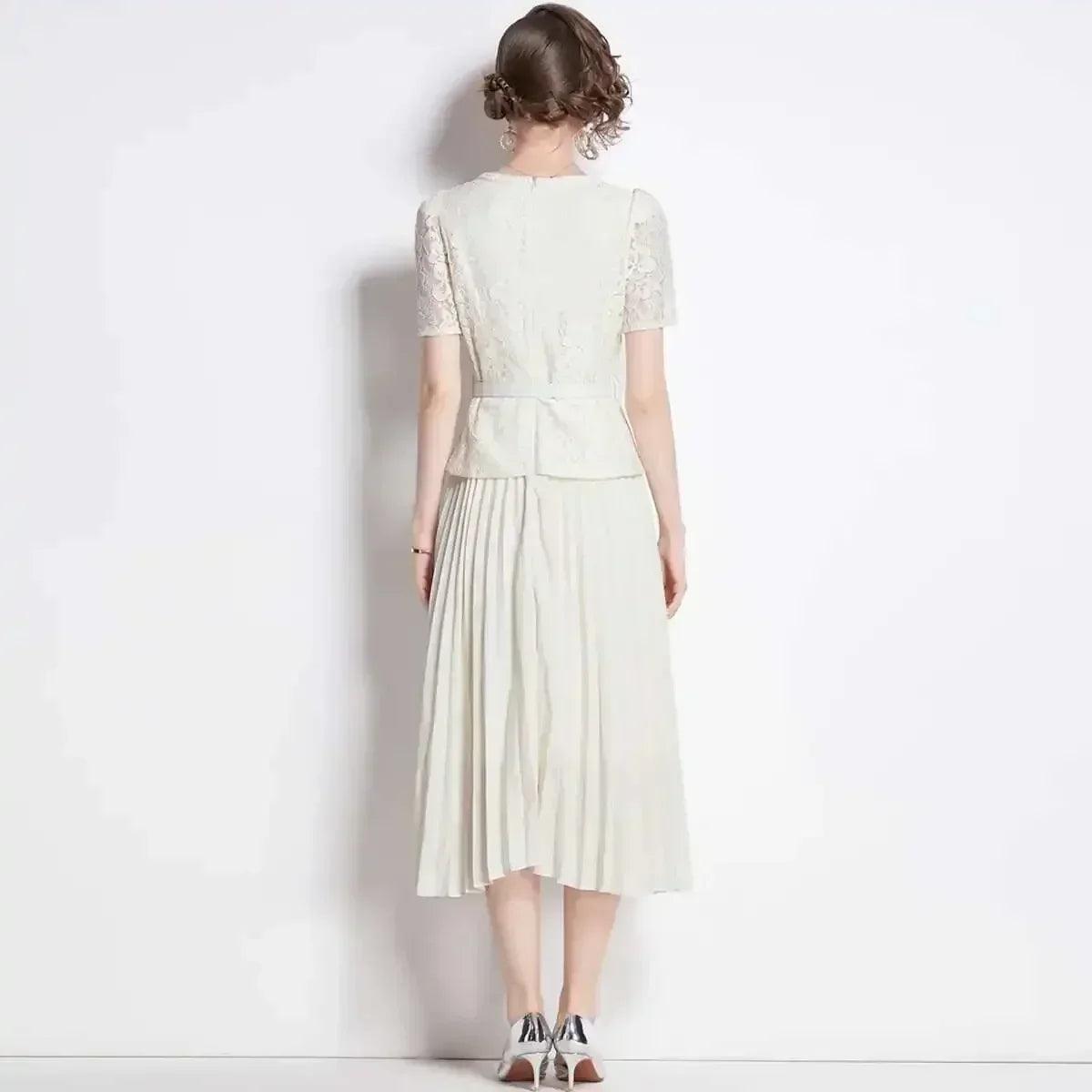Luxury evening dress women summer vacation short sleeve pleated lace chiffon long dresses white single breasted midi