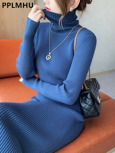 Fall Winter Turtleneck Slim Knit Dresses Women Casual Elegant Sweater Dress Korean Mid-length Soft Knitwear Vestidos Bottom Robe