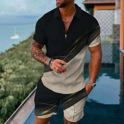 Men's Polo Shirts Short Sleeve Sets Casual Simple Style 2 Piece Outfit Fashion Zipper Tops Shorts Suit Summer Street Clothing