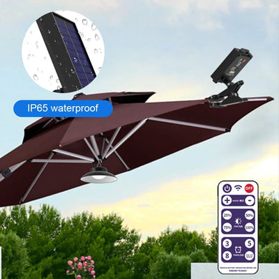 Solar Powered Patio Umbrella Light USB Charging Clip-On Umbrella Lamp IP65 Waterproof Power Display for Beach Camping Tent Party