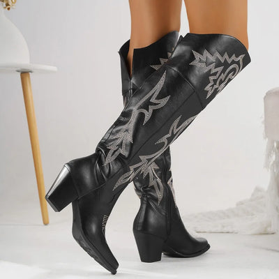 Knee High Boots Womens Shoes 2025 New Western Cowboy Knight Boots Over Knee Side Zipper Long Tube Boots Women Shoes High Heels