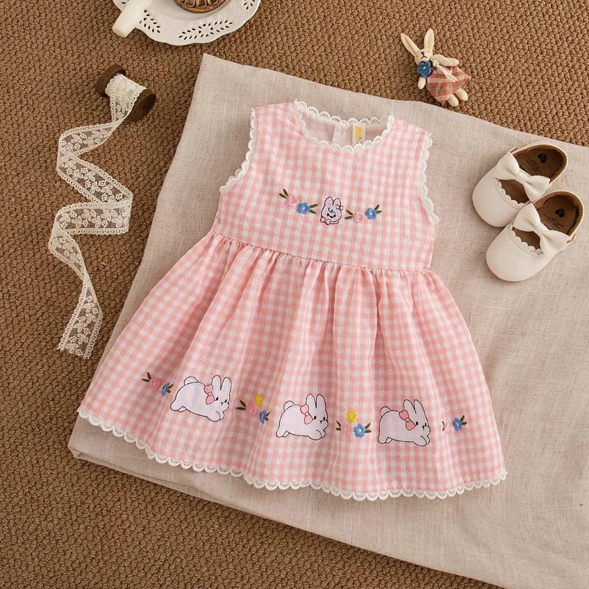 Cute Rabbit Simple Style Checkered Children's Sleeveless Clothes |Baby Girl Dress, Summer (9 Months -4 Years Old)