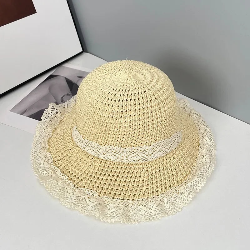 Sunscreen Hat for Women Summer Outdoor Sun Hat Large Brim French Lace Straw Hat Woven Vacation Beach Hat