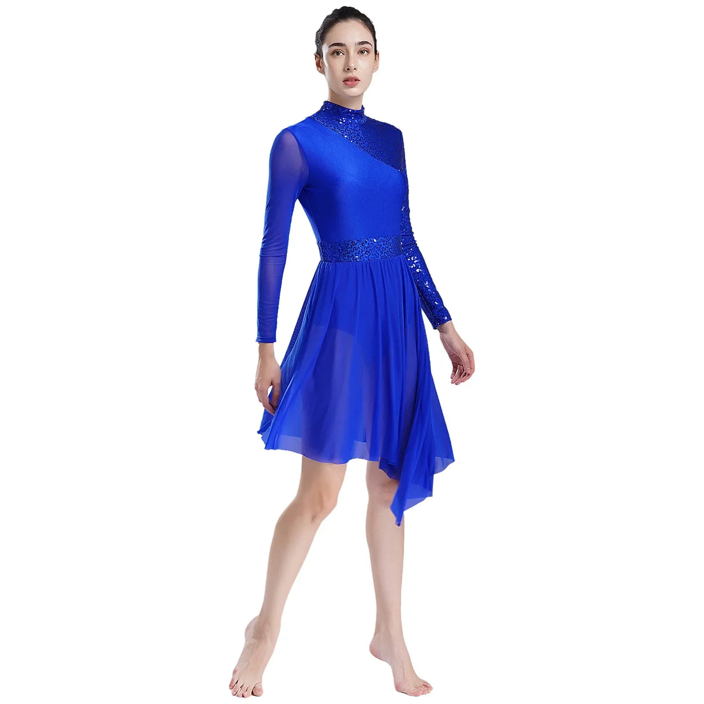 Women Modern Lyrical Dress Camisole Dance Costume Ballet Asymmetric High-Low Mesh Skirted Sleeveless Leotard Gymnastic Dancewear