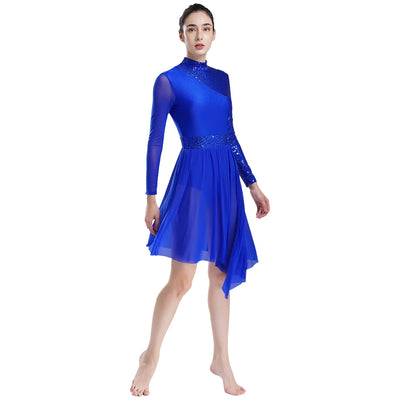 Women Modern Lyrical Dress Camisole Dance Costume Ballet Asymmetric High-Low Mesh Skirted Sleeveless Leotard Gymnastic Dancewear