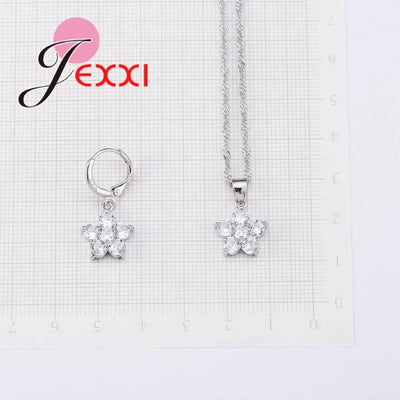 Gorgeous Flower Jewelry Sets Micro Inlaid White Round Crystal 925 Sterling Silver Brand Pendant Necklace/Dangle Earrings