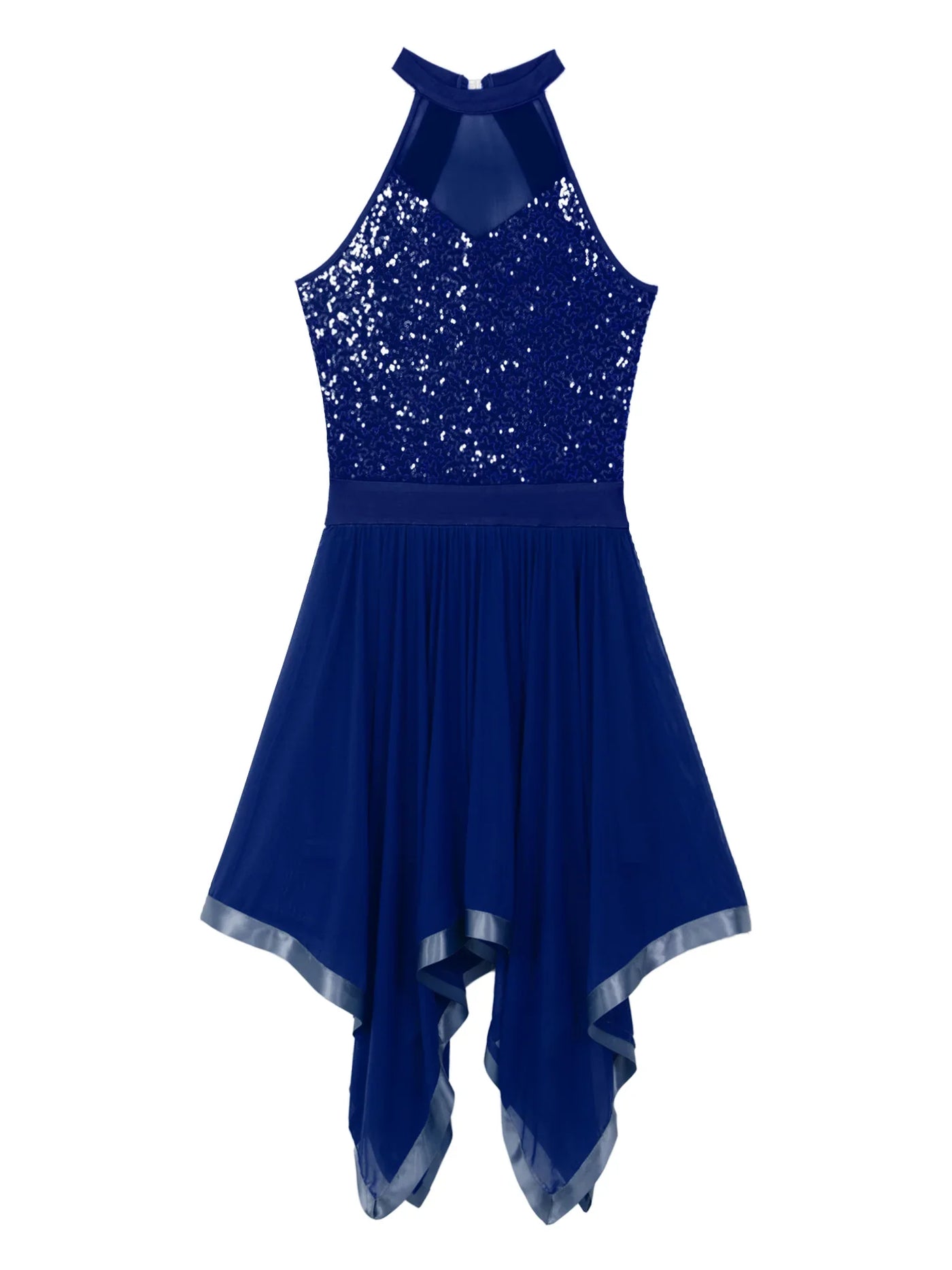 Elegant Ballet Leotards Dance Dress For Women Shiny Sequins Asymmetrical Hem Mesh Lyrical Dresses Prom Performance Costume