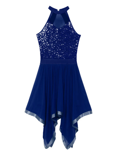 Elegant Ballet Leotards Dance Dress For Women Shiny Sequins Asymmetrical Hem Mesh Lyrical Dresses Prom Performance Costume