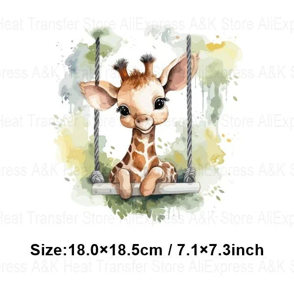 Baby Animal On Swings Heat Transfers For Kids Clothing Elephant Tigers Lion Stickers On Clothes Diy Thermal Patches Decals