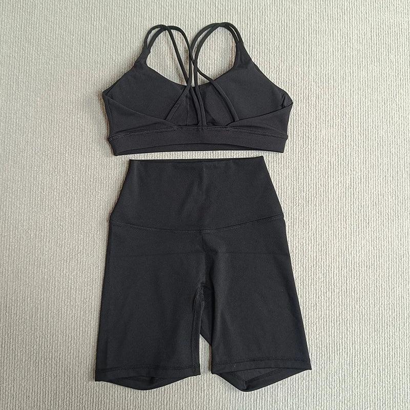 Yoga Shorts Set Gym Sports Set Women Fitness Suit Clothes 2 Piece Cross Back Bra Top High Waist Shorts Running Workout Tracksuit
