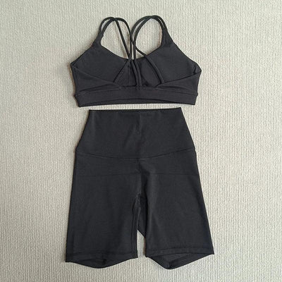Yoga Shorts Set Gym Sports Set Women Fitness Suit Clothes 2 Piece Cross Back Bra Top High Waist Shorts Running Workout Tracksuit