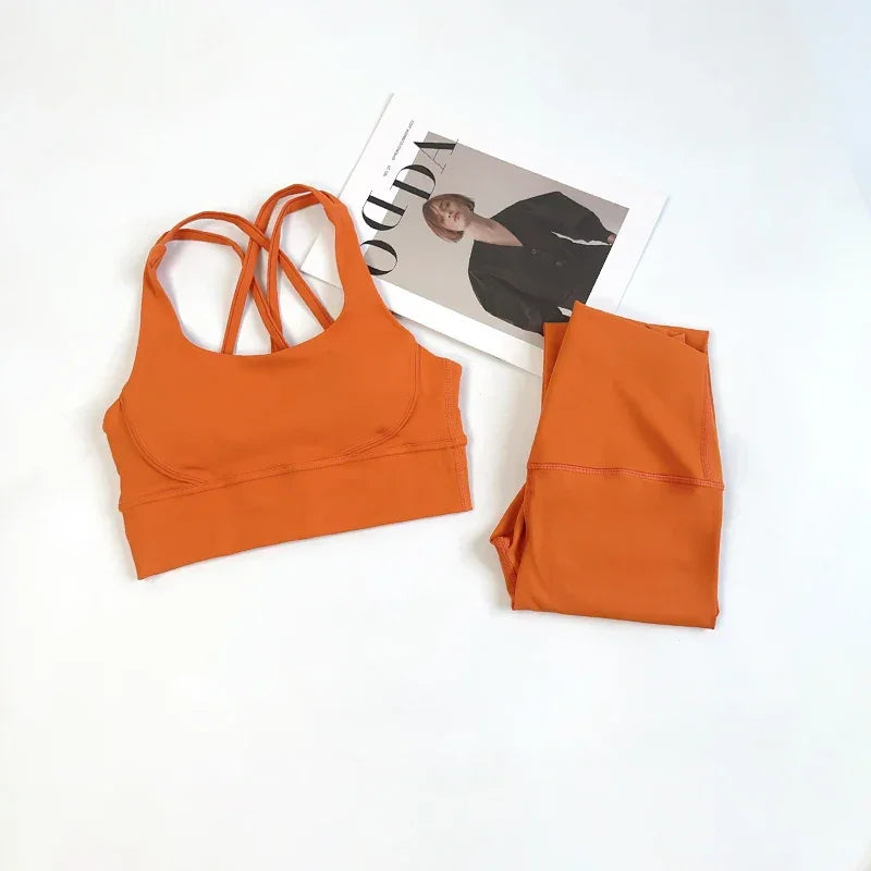 2 Pieces Yoga Set Women Gym Set Workout Clothes Sports Suits High Waist Leggings Cross Straps Fitness Bra Running Tracksuit👚👍️