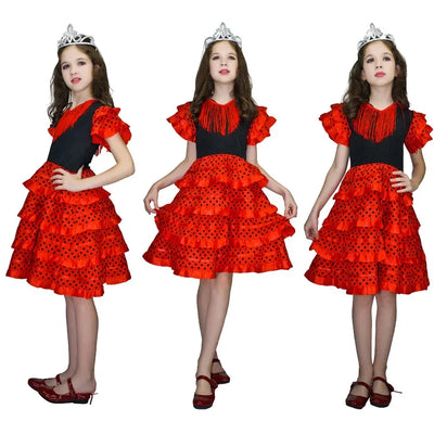 Dress Women 2025 Europe America Short Sleeve Midi Dress Traditional Spanish Dance Dress For Girls Festival Tassel Dot Dress