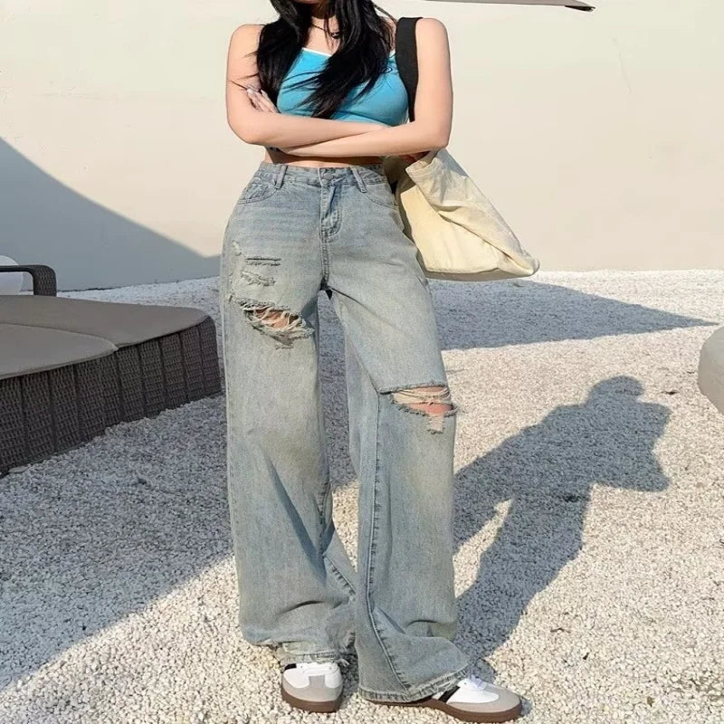 Ripped wide leg jeans for women, slim fit, summer high waisted, loose fit, slimming, floor length straight leg pants