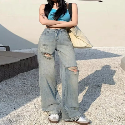 Ripped wide leg jeans for women, slim fit, summer high waisted, loose fit, slimming, floor length straight leg pants