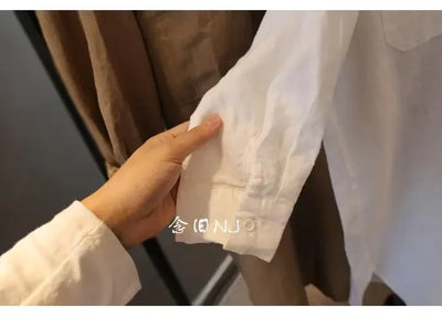 Cotton Linen Women Medium-Length White Polo Shirt