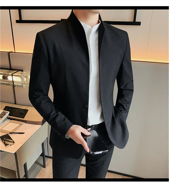 Blazer Hombre High Quality New Stand Collar Blazers For Men Single Breasted Slim Fit Formal Elegant Suit Jackets And Coats 4XL-M