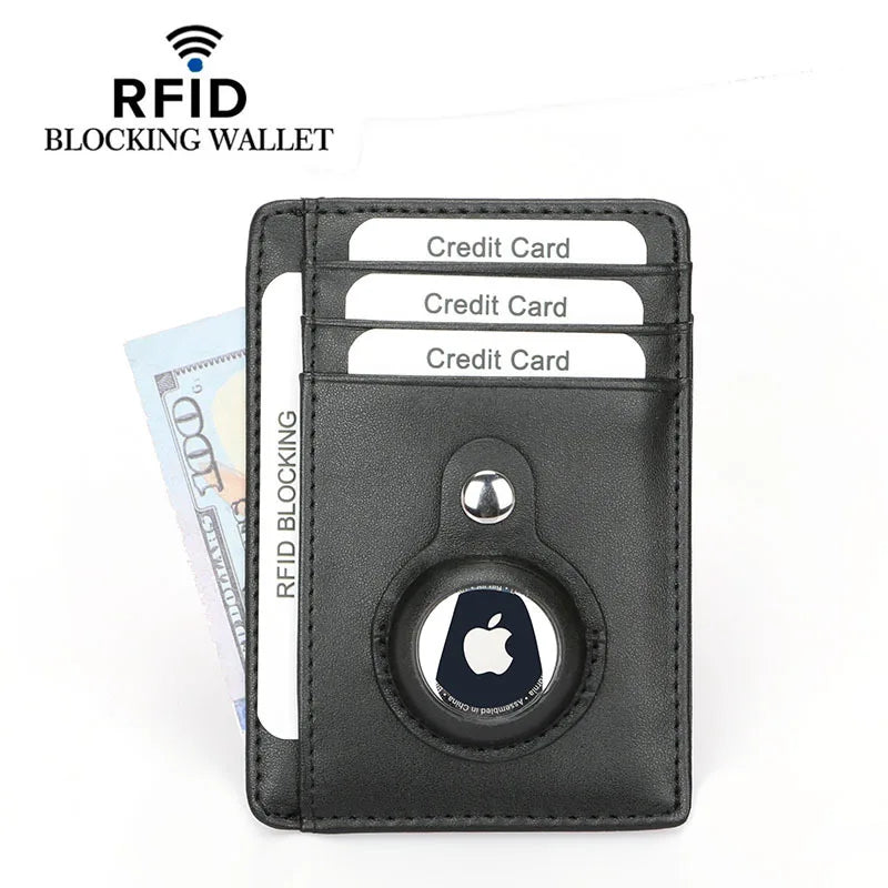 Black leather RFID blocking slim wallet with Apple AirTag holder