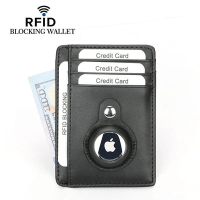 Black leather RFID blocking slim wallet with Apple AirTag holder